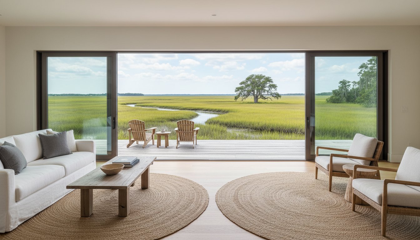 A design detail shot of wicker porch furniture with coastal throw pillows and a tray of sun-bleached seashells