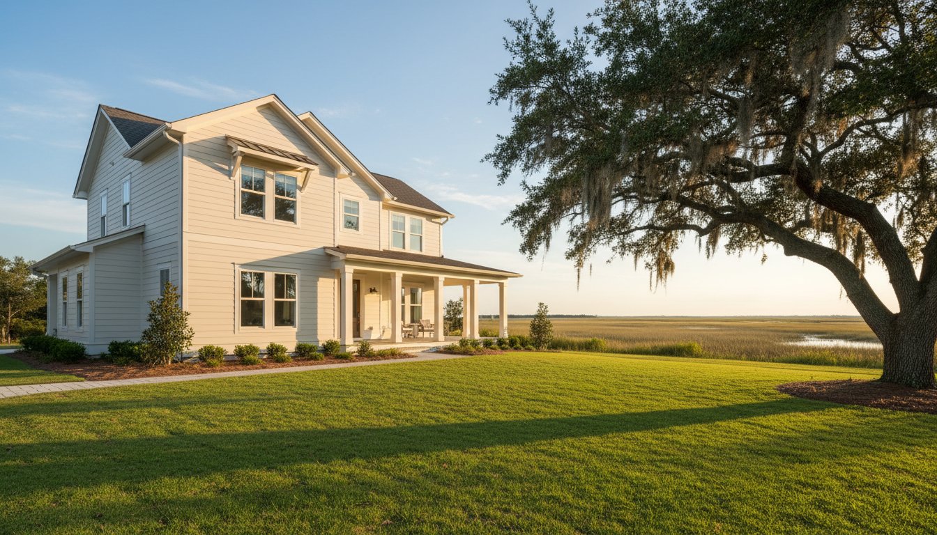 A design detail shot of wicker porch furniture with coastal throw pillows and a tray of sun-bleached seashells