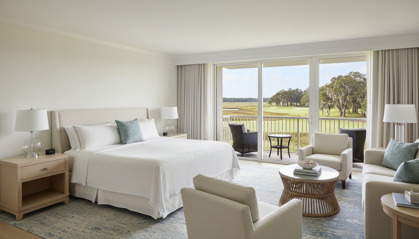 A design detail shot of wicker porch furniture with coastal throw pillows and a tray of sun-bleached seashells