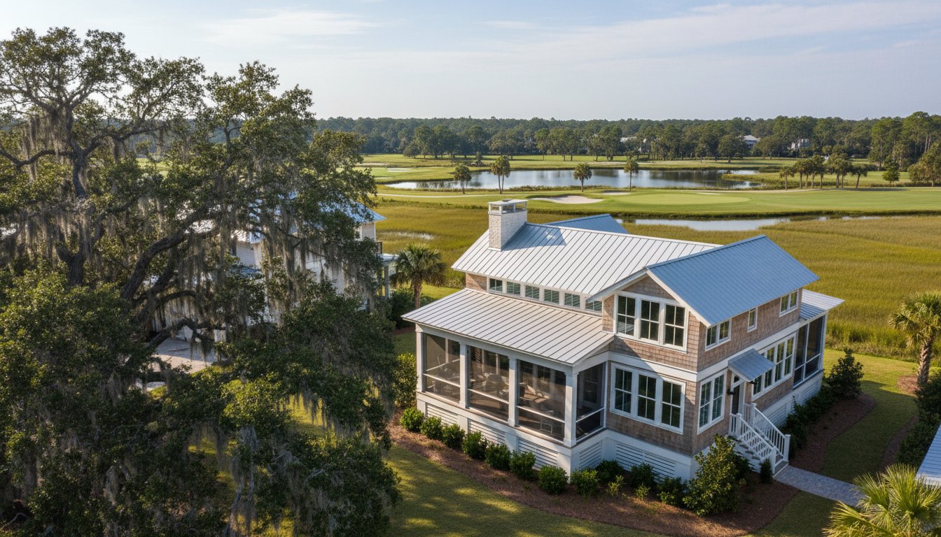 A design detail shot of wicker porch furniture with coastal throw pillows and a tray of sun-bleached seashells