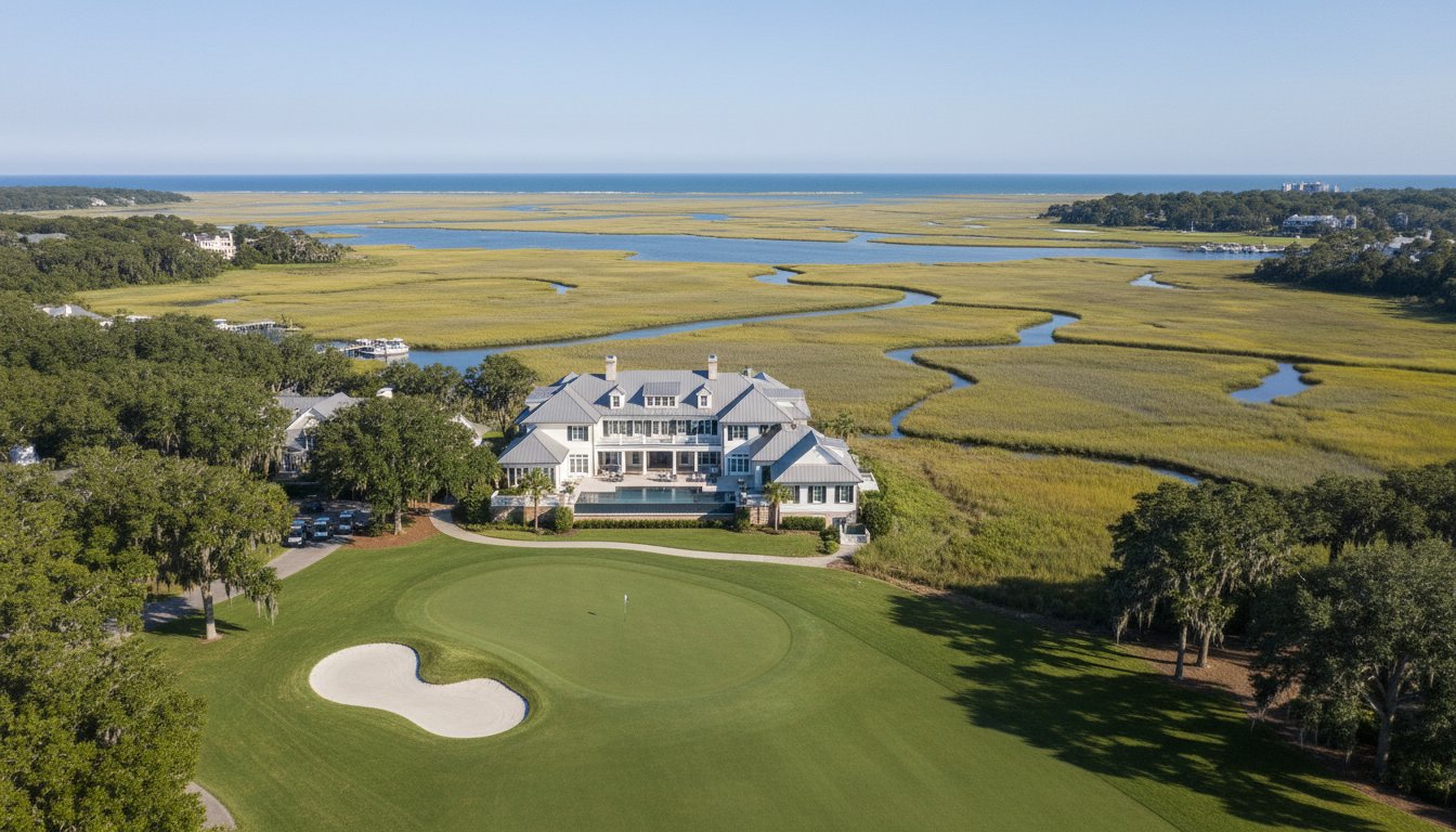 A design detail shot of wicker porch furniture with coastal throw pillows and a tray of sun-bleached seashells
