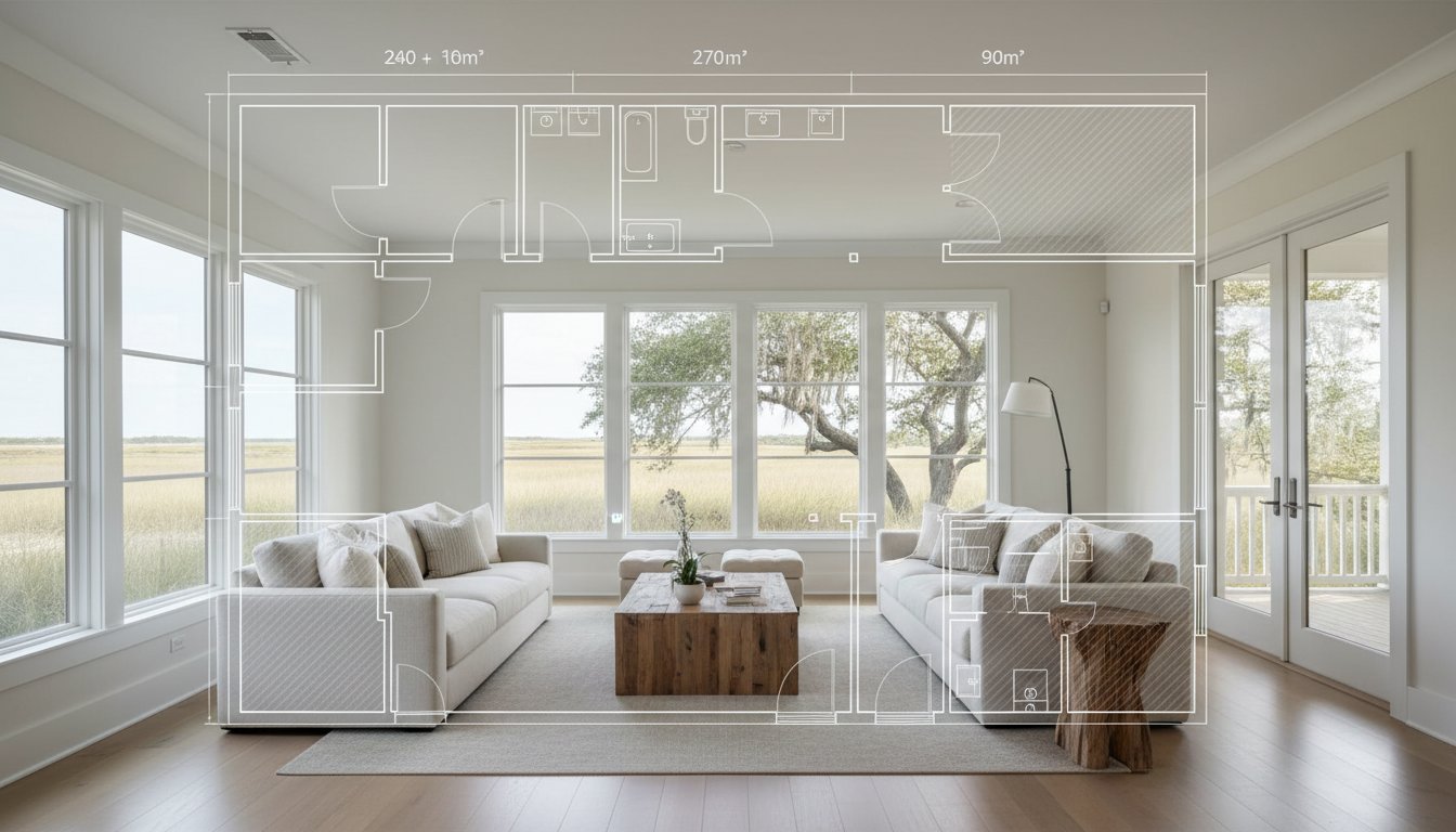 A design detail shot of wicker porch furniture with coastal throw pillows and a tray of sun-bleached seashells
