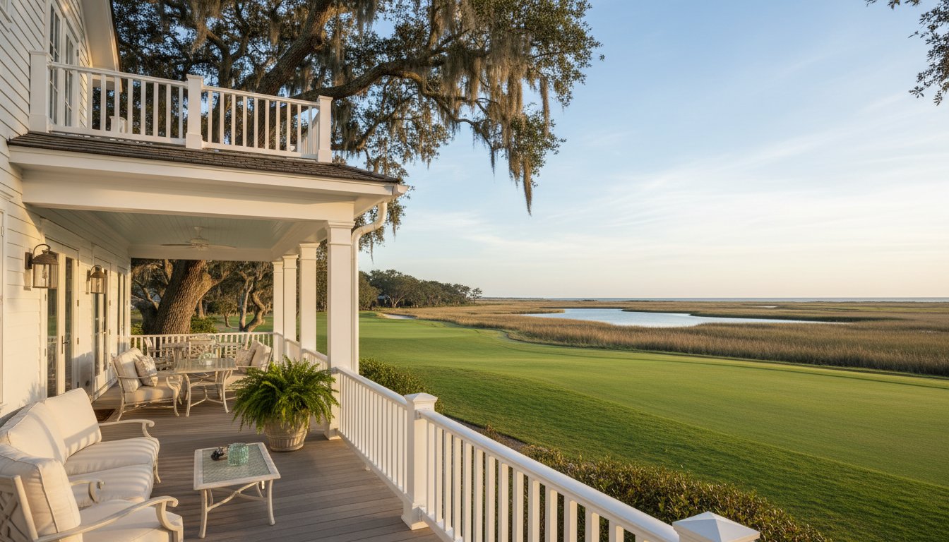 A design detail shot of wicker porch furniture with coastal throw pillows and a tray of sun-bleached seashells