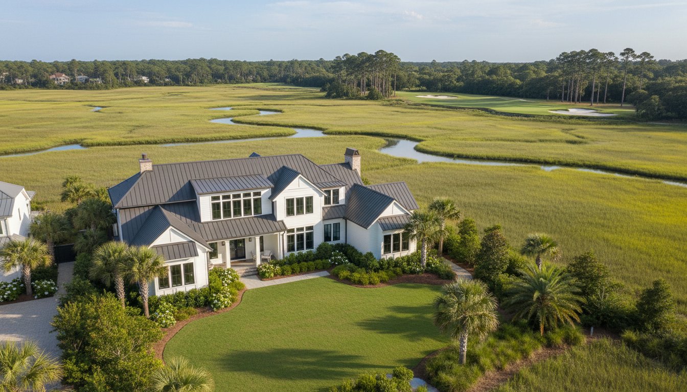 A design detail shot of wicker porch furniture with coastal throw pillows and a tray of sun-bleached seashells