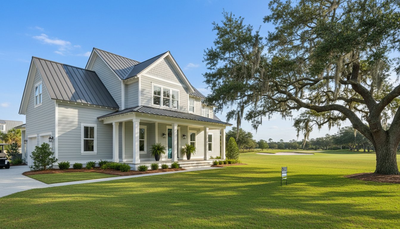 A design detail shot of wicker porch furniture with coastal throw pillows and a tray of sun-bleached seashells