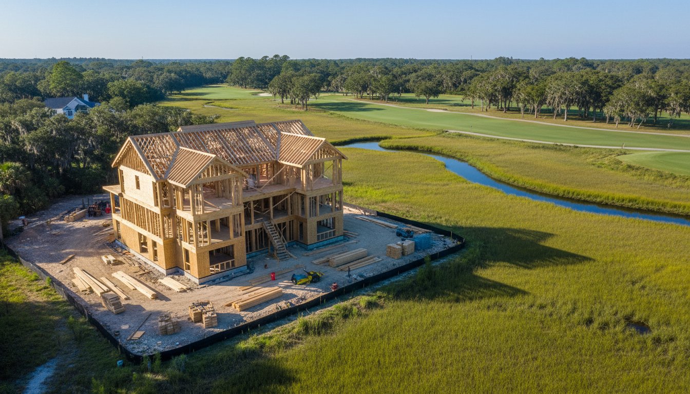 A design detail shot of wicker porch furniture with coastal throw pillows and a tray of sun-bleached seashells