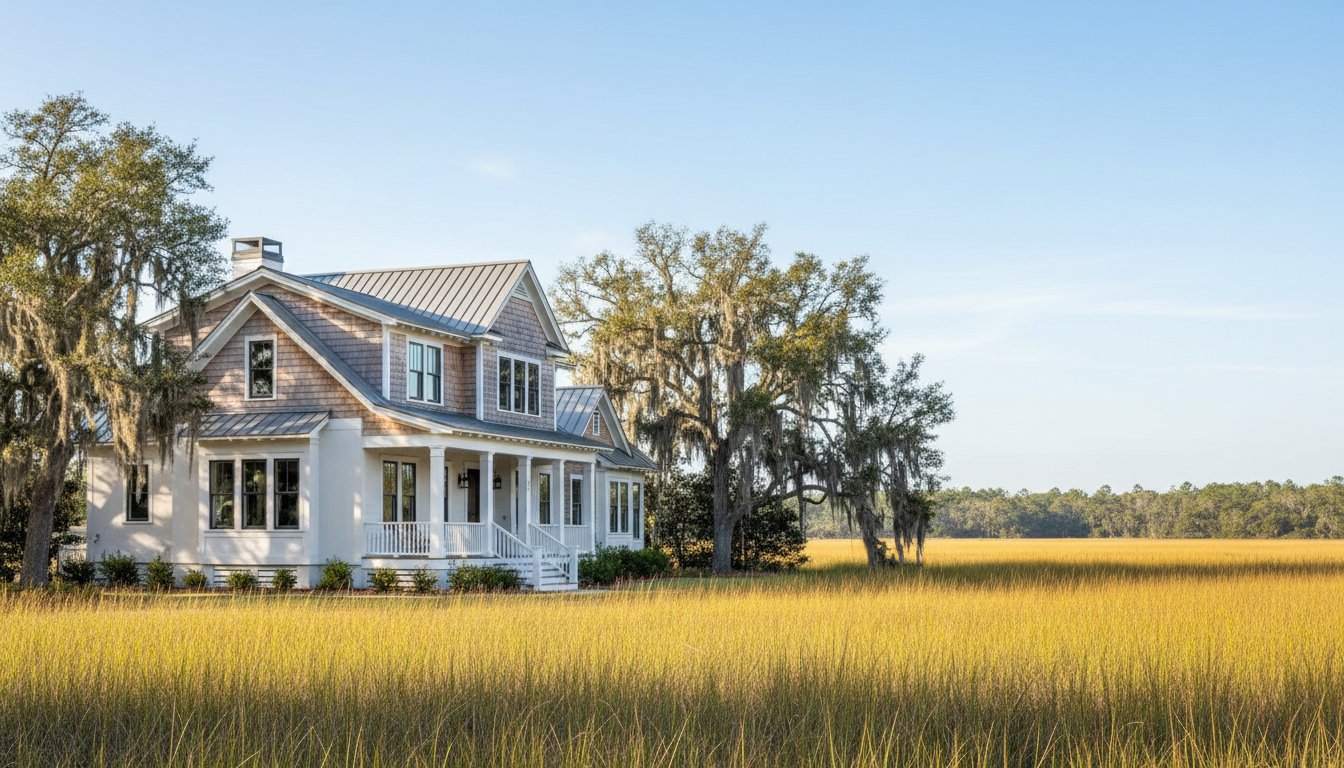 A design detail shot of wicker porch furniture with coastal throw pillows and a tray of sun-bleached seashells