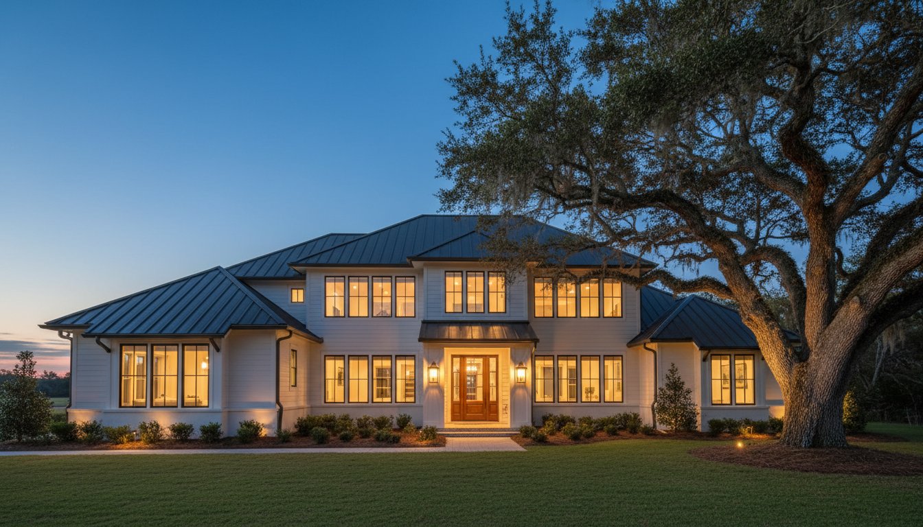 A design detail shot of wicker porch furniture with coastal throw pillows and a tray of sun-bleached seashells