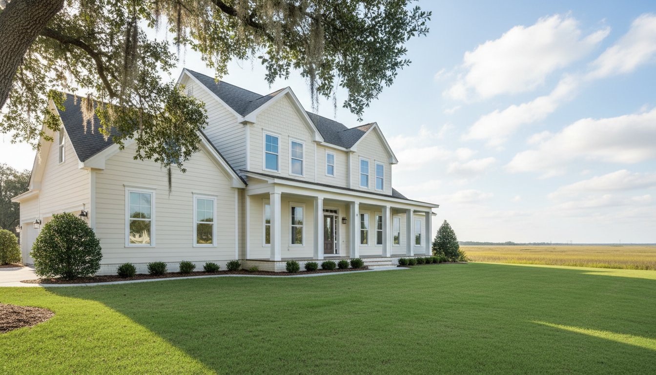 A design detail shot of wicker porch furniture with coastal throw pillows and a tray of sun-bleached seashells