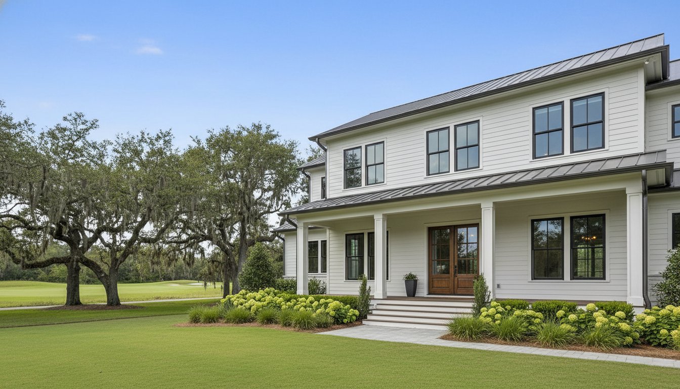 A design detail shot of wicker porch furniture with coastal throw pillows and a tray of sun-bleached seashells