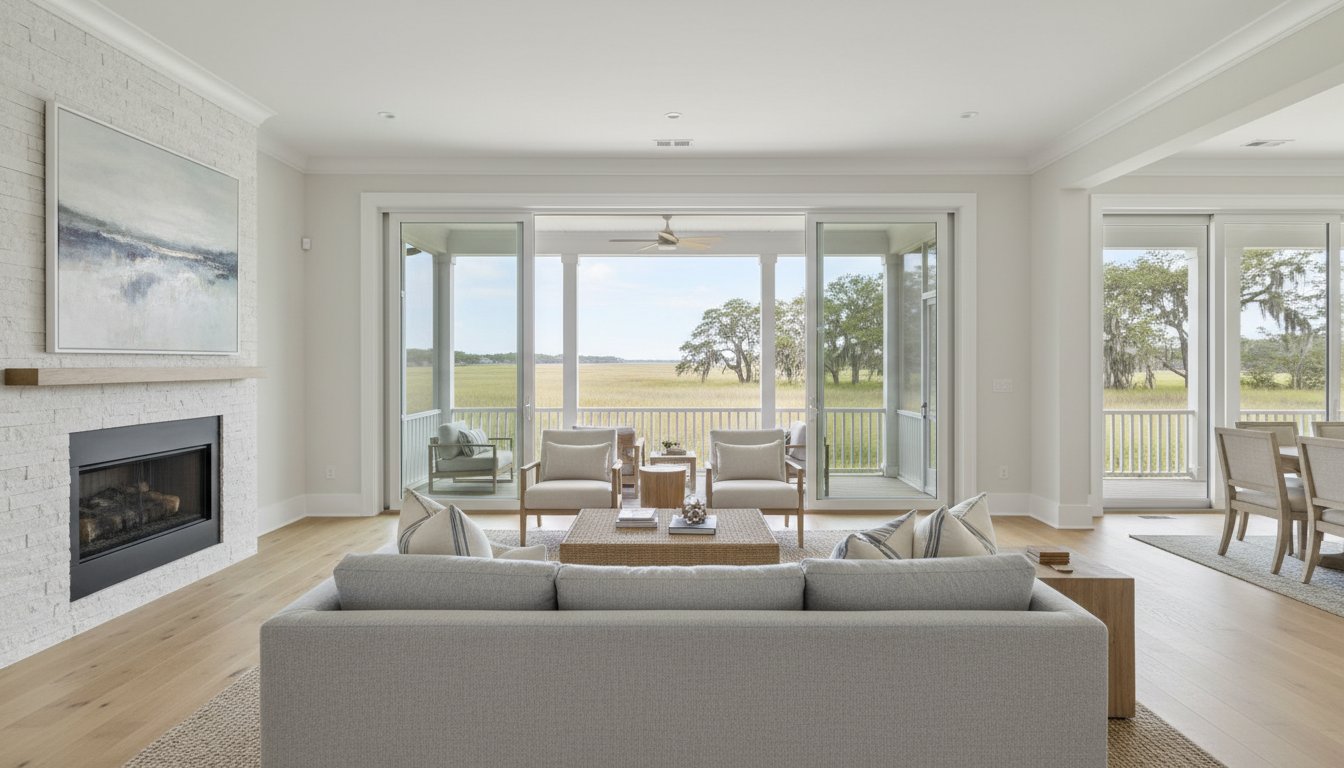 A design detail shot of wicker porch furniture with coastal throw pillows and a tray of sun-bleached seashells
