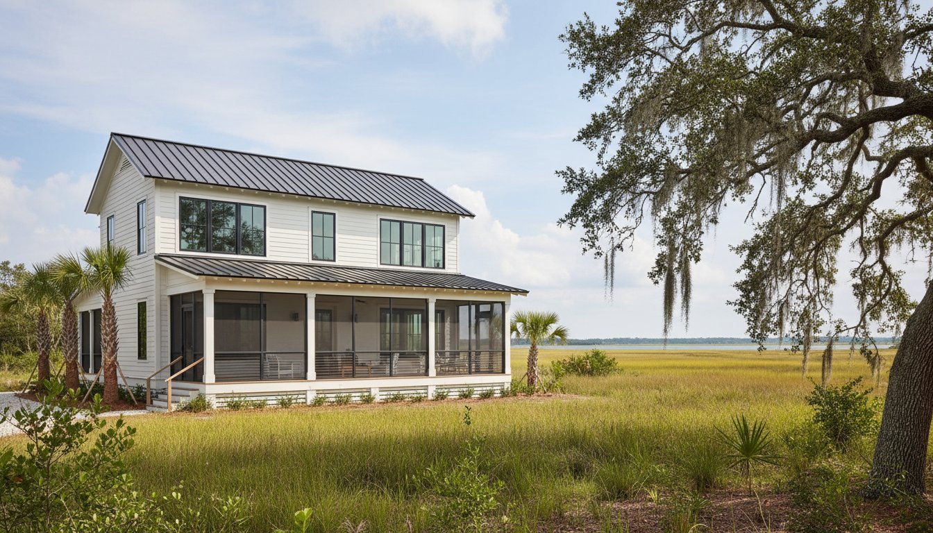 A design detail shot of wicker porch furniture with coastal throw pillows and a tray of sun-bleached seashells