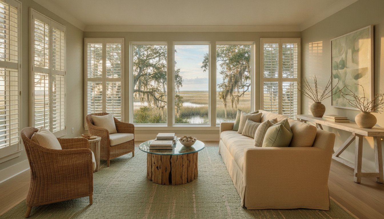 A design detail shot of wicker porch furniture with coastal throw pillows and a tray of sun-bleached seashells