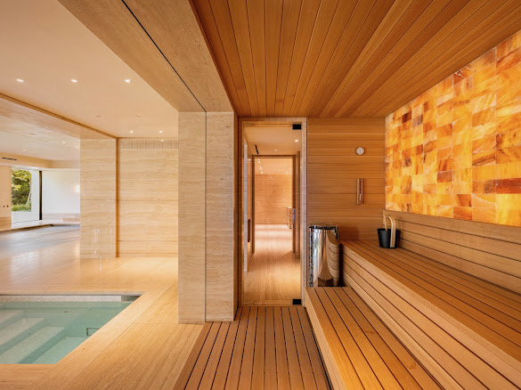 Custom sauna with backlit Himalayan salt wall beside an indoor plunge pool
