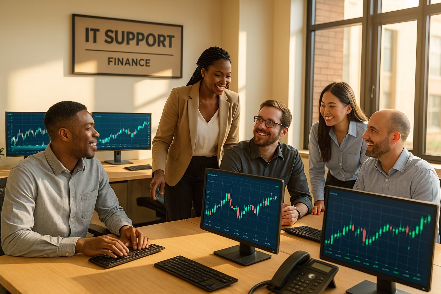 Diverse finance employees discussing IT support