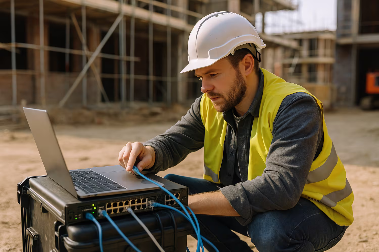 IT technician installing construction network