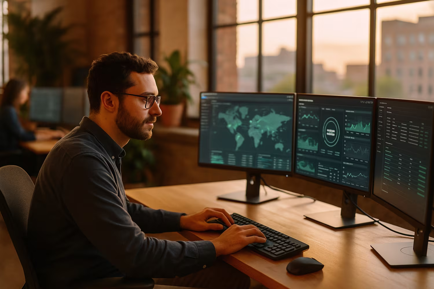 IT professional monitoring network security threats