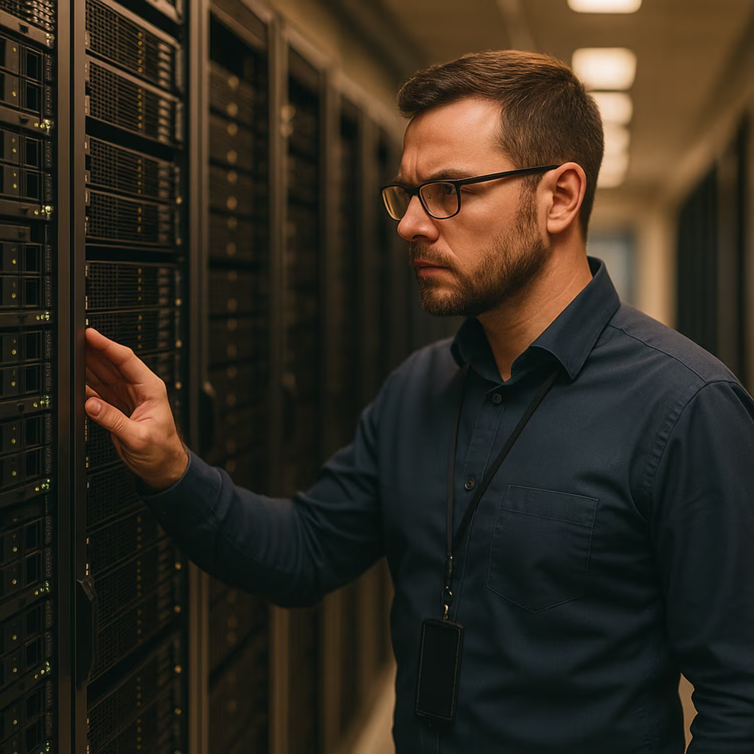 Network administrator inspecting server against security threats