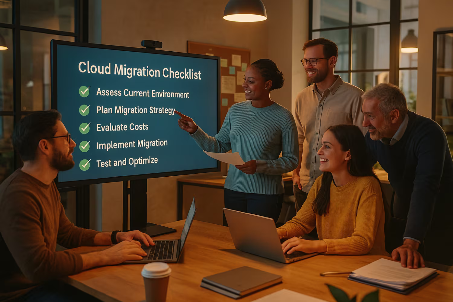 Team reviewing cloud migration checklist