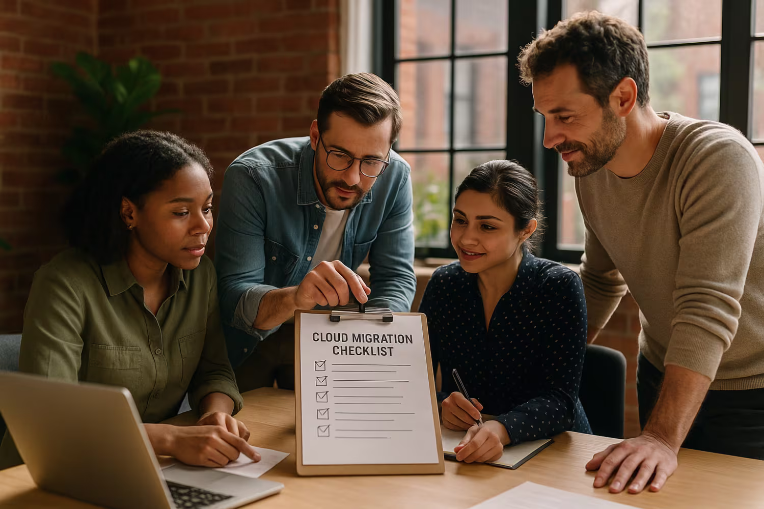 Diverse team discussing cloud migration checklist