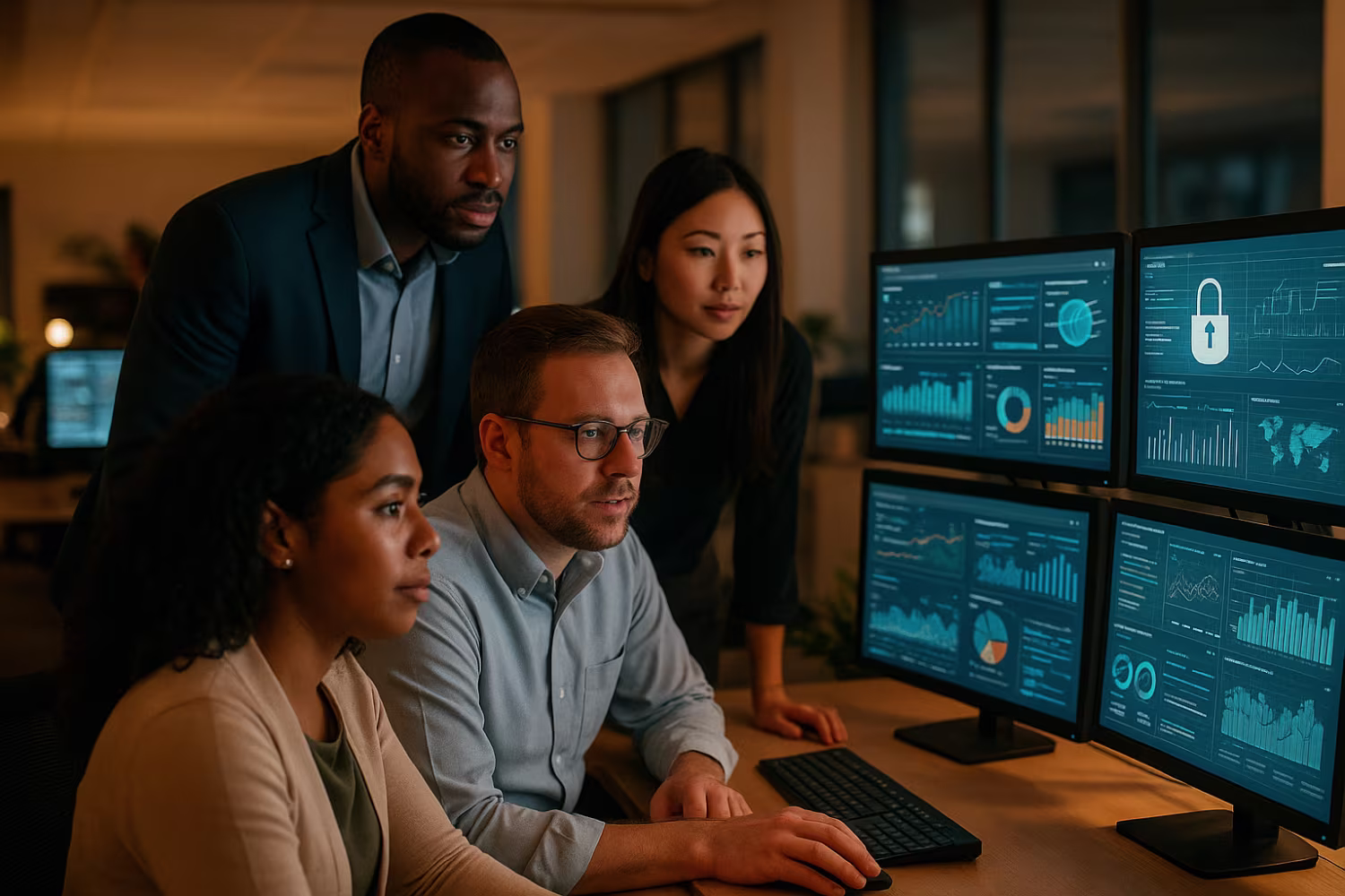 Diverse team analyzing security analytics