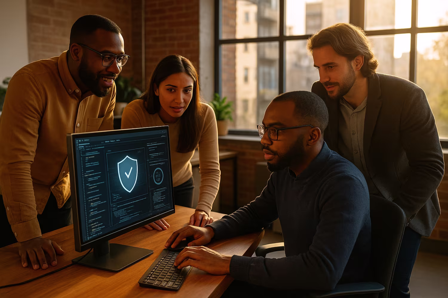 Diverse IT professionals discussing cybersecurity software