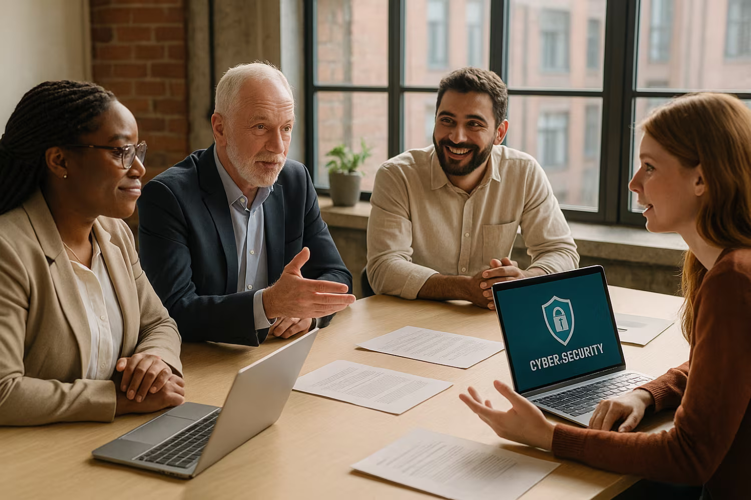 Diverse team discussing ransomware response plan