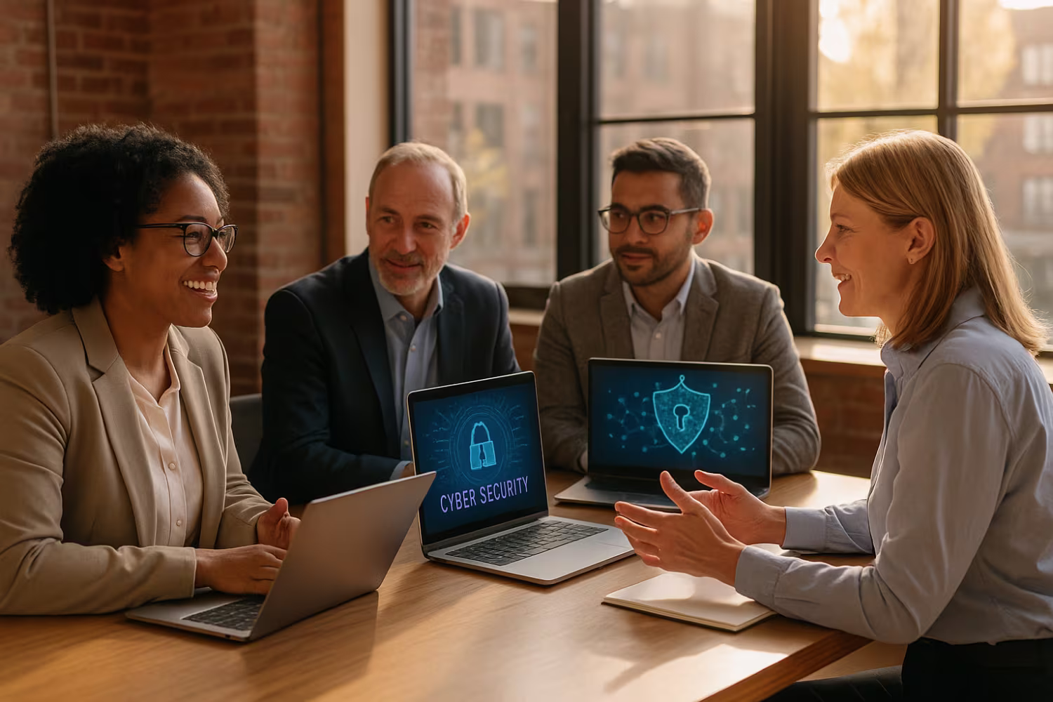 Professionals discussing remote work security