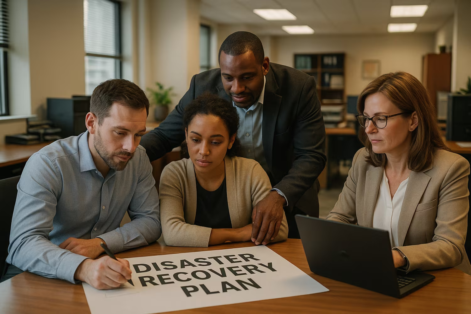Employees collaborating on disaster recovery planning