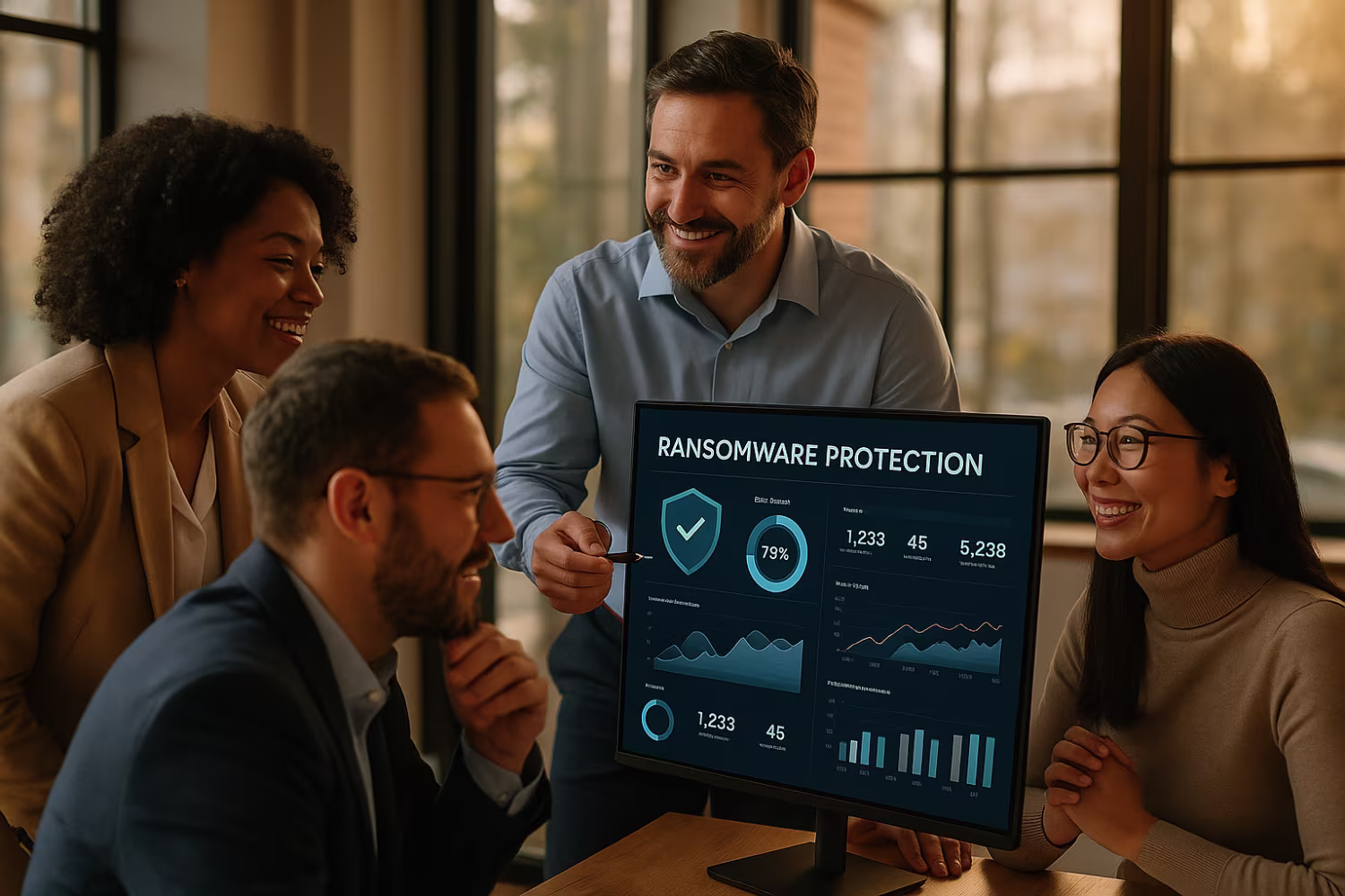 Team reviewing ransomware protection analytics
