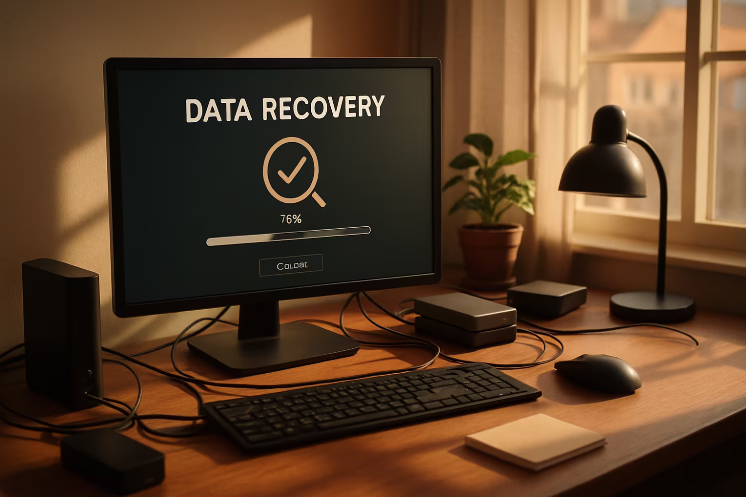 Cozy office with data recovery interface