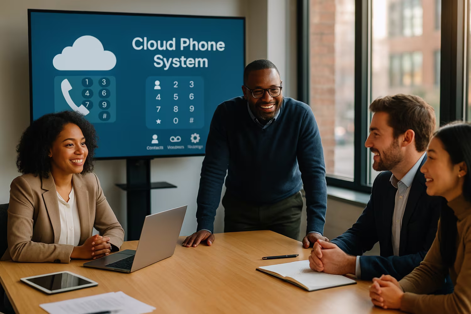 Professionals discussing VoIP phone systems