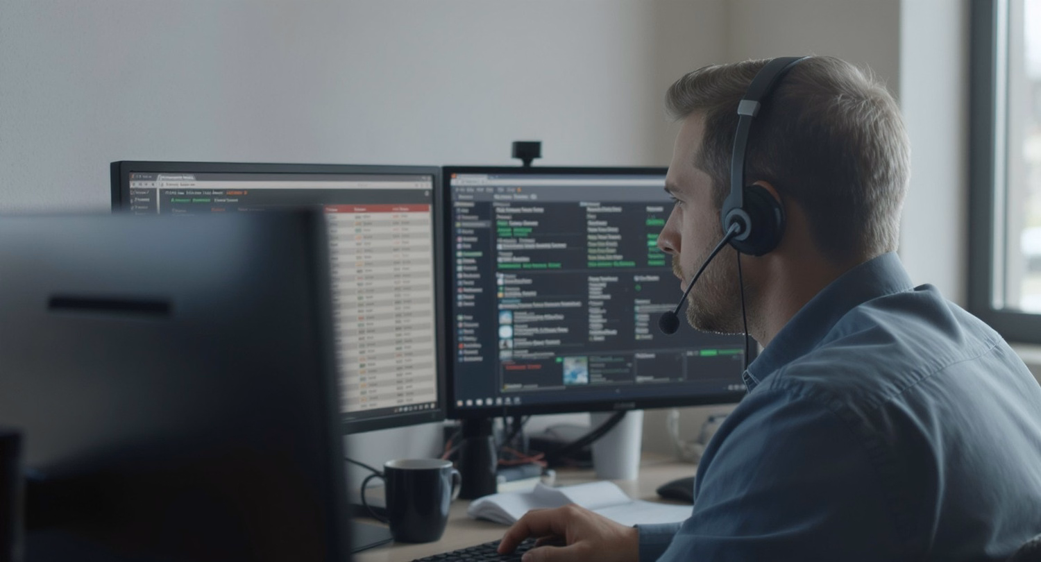 Tech with headset monitors live server health and real‑time alerts during emergency response drills.