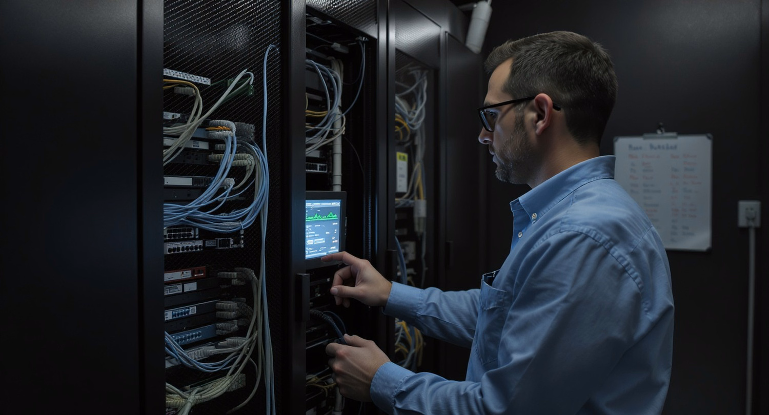 Technician monitors network rack in closet to ensure reliable system for emergency preparedness
