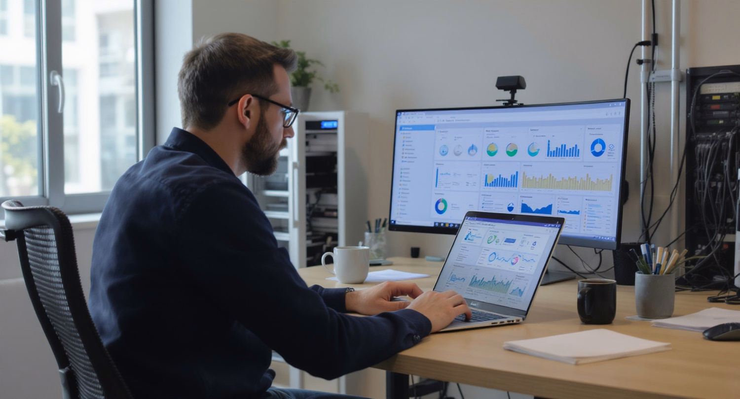 IT analyst at desk reviews complex network dashboard for disaster plan resilience