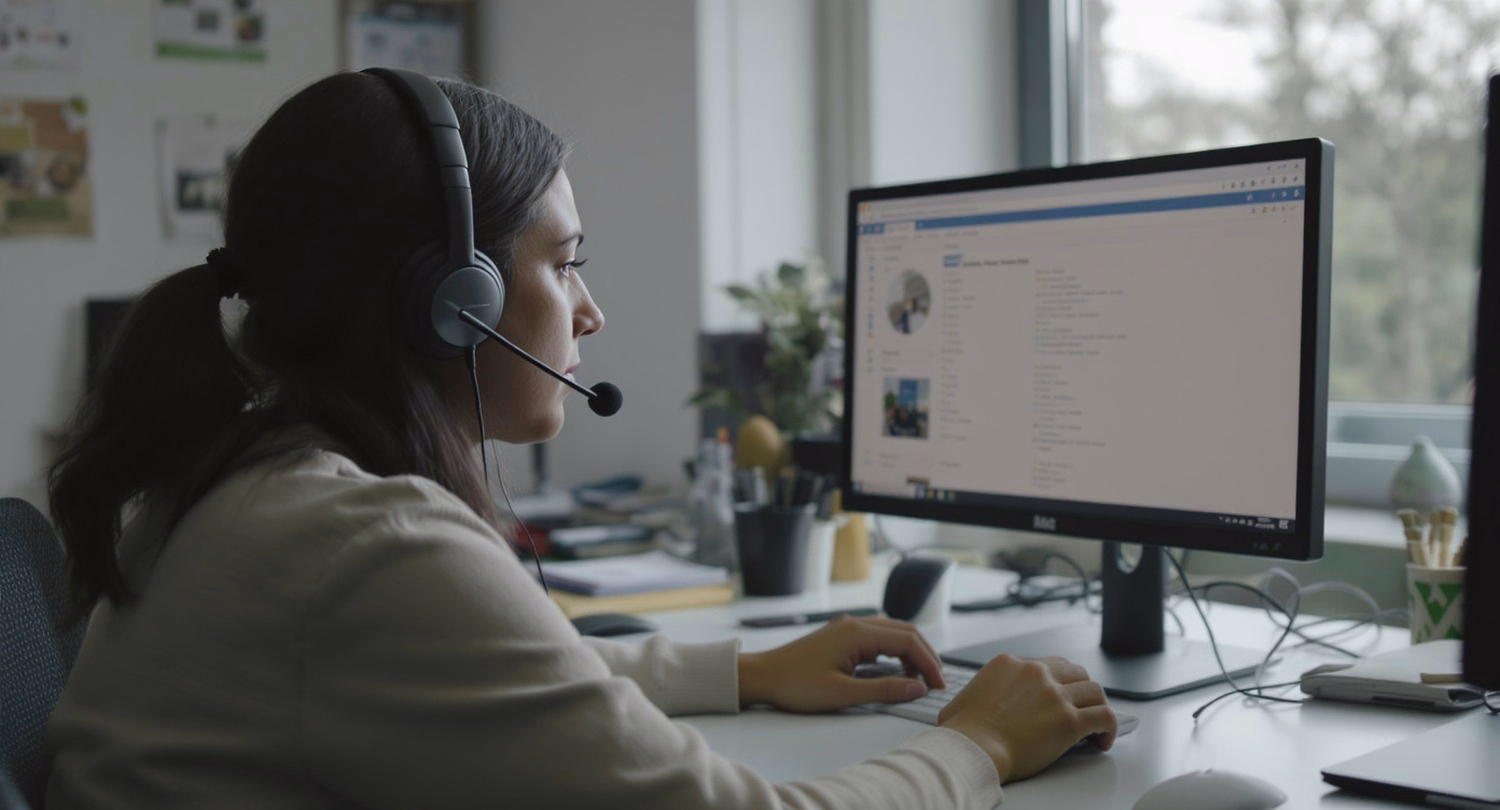 Person on a call with headset reviewing penetration testing data on secondary monitor