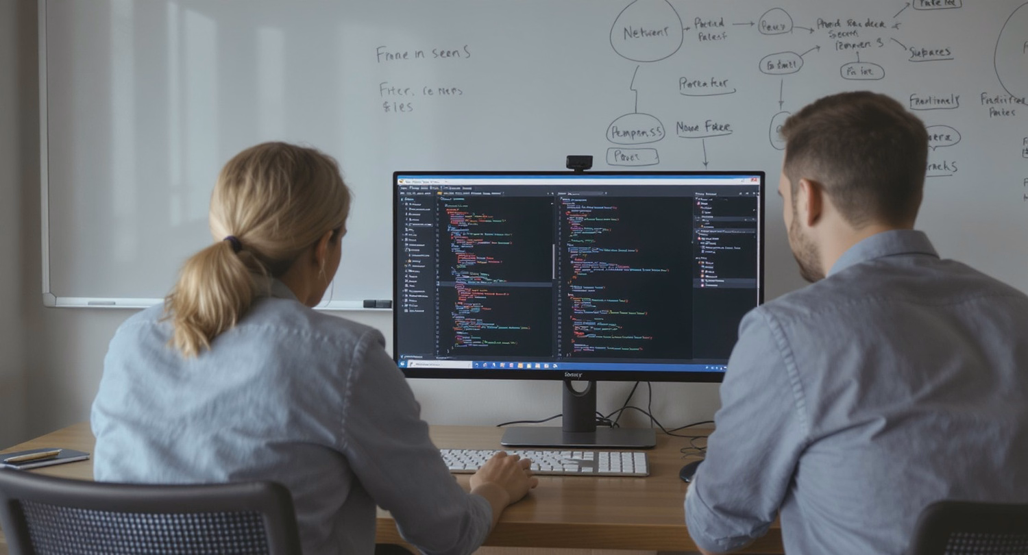 Two professionals work together on a shared monitor showing code and a network diagram, focused on penetration testing.