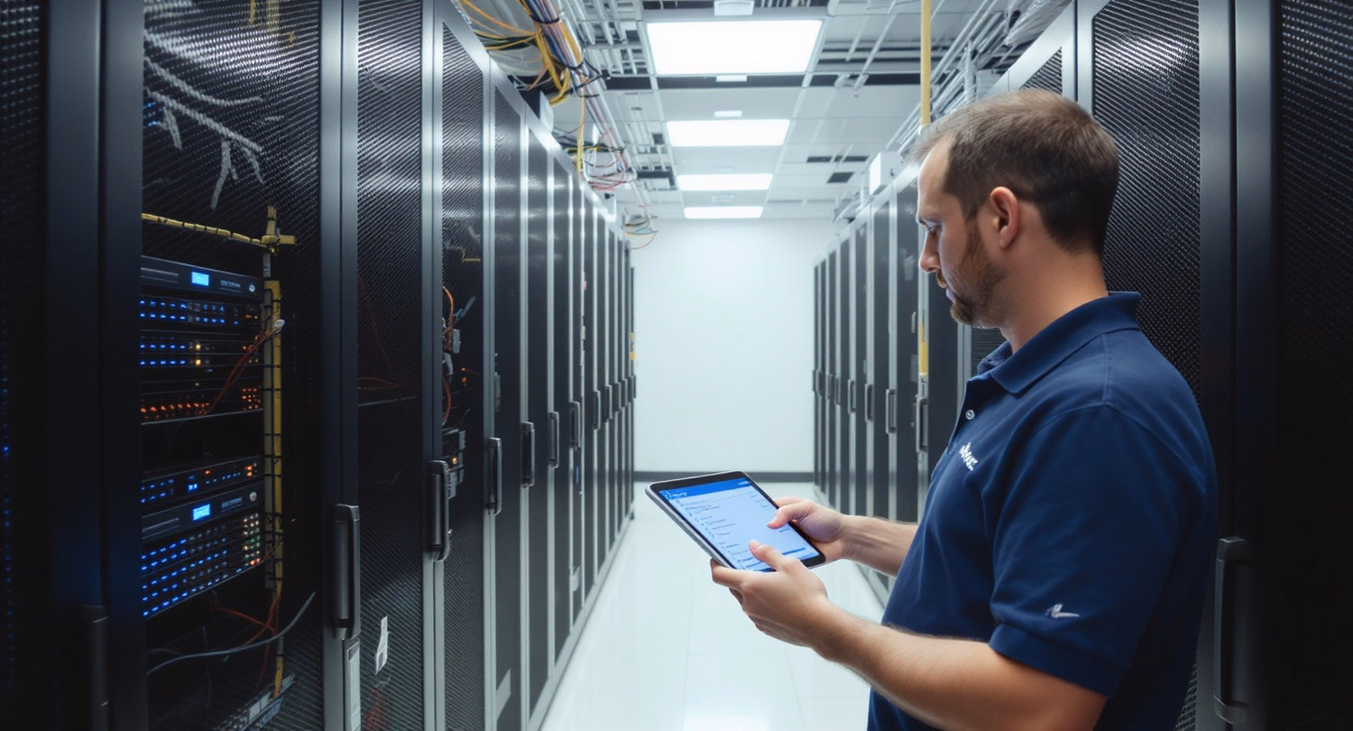Technician inspects server rack with tablet in brightly lit server room for cloud phone and business phone system maintenance
