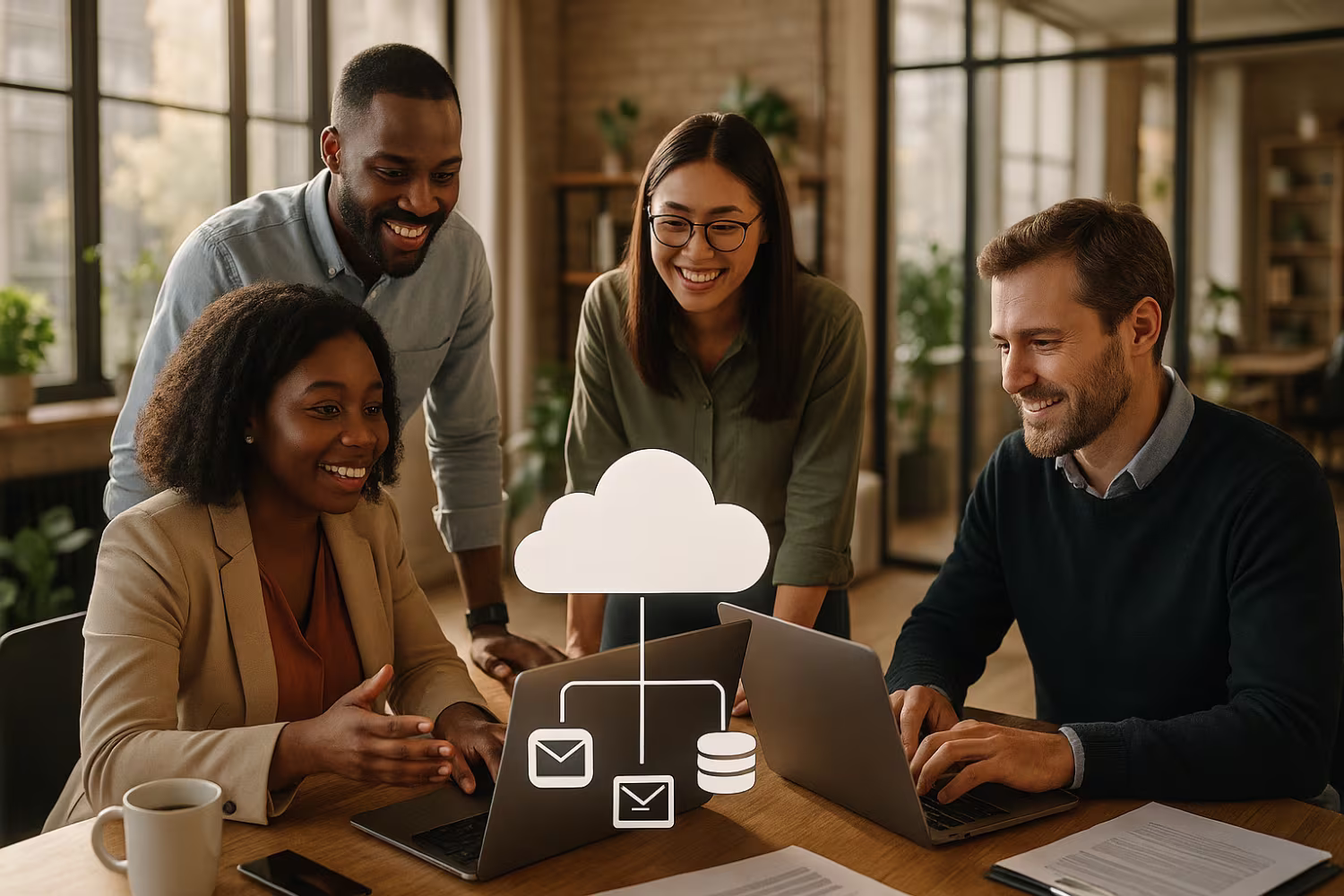 Diverse professionals discussing cloud advantages