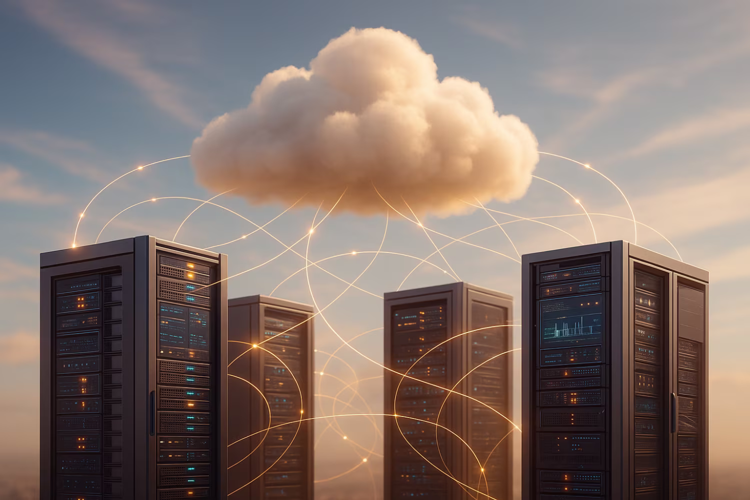 Complex cloud infrastructure in warm, soft ambient lighting.