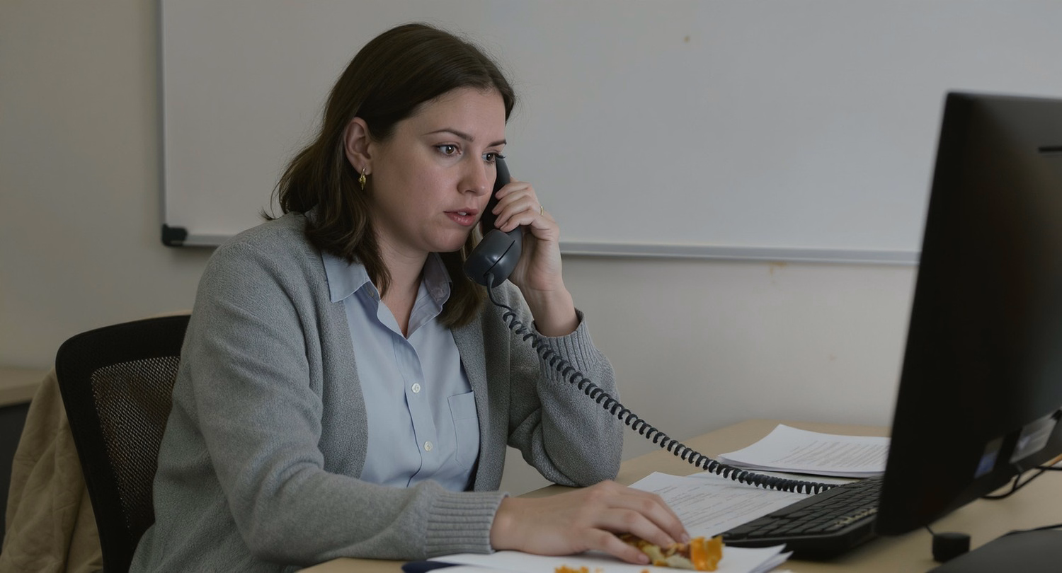 A woman sits at her desk, a traditional handset phone pressed to her ear, her free hand resting on a mouse. Her eyes are