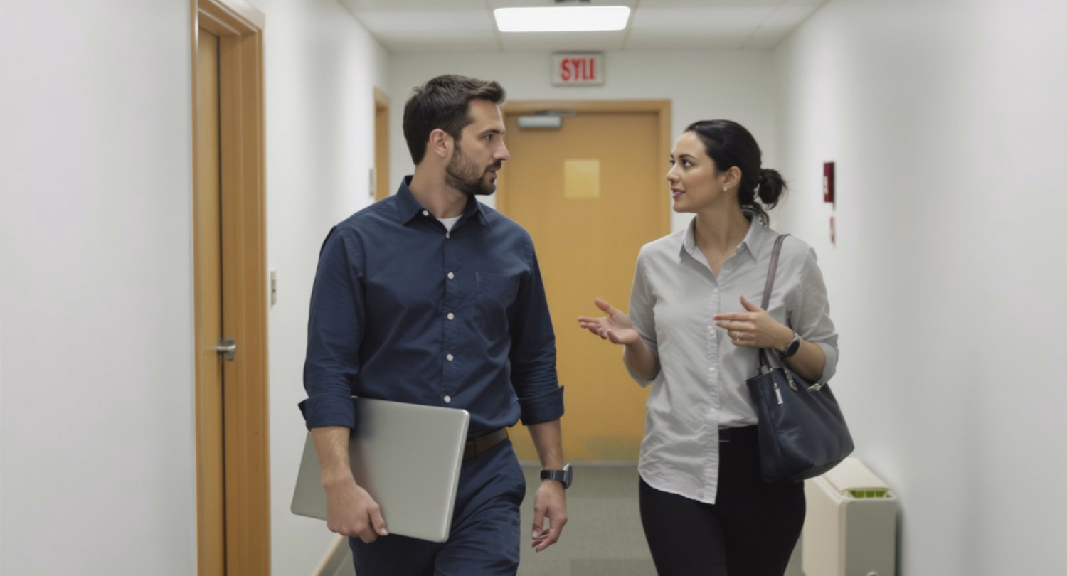 Colleagues discussing incident management tools and best practices in a bright office corridor.