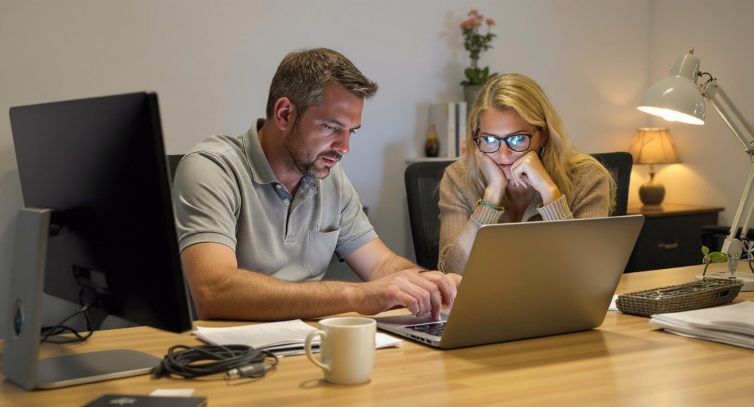 Two professionals focused on laptop display reviewing incident management dashboard