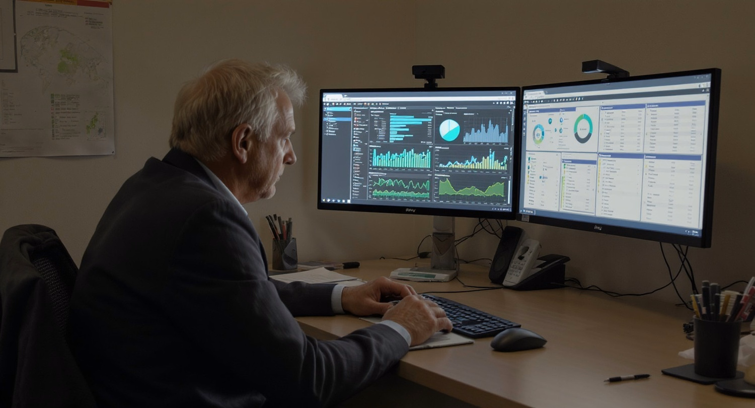 Man concentrating over dual monitors with incident‑management dashboards in a dim corner office.