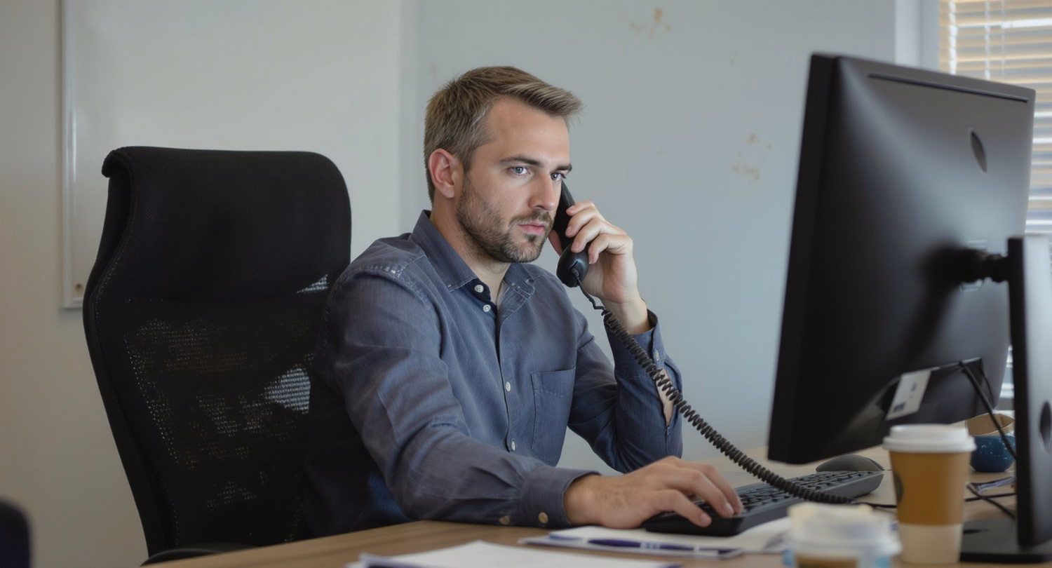 A man in his late 30s is seated at his desk, holding a black handset phone to his ear. He has a slightly furrowed brow a