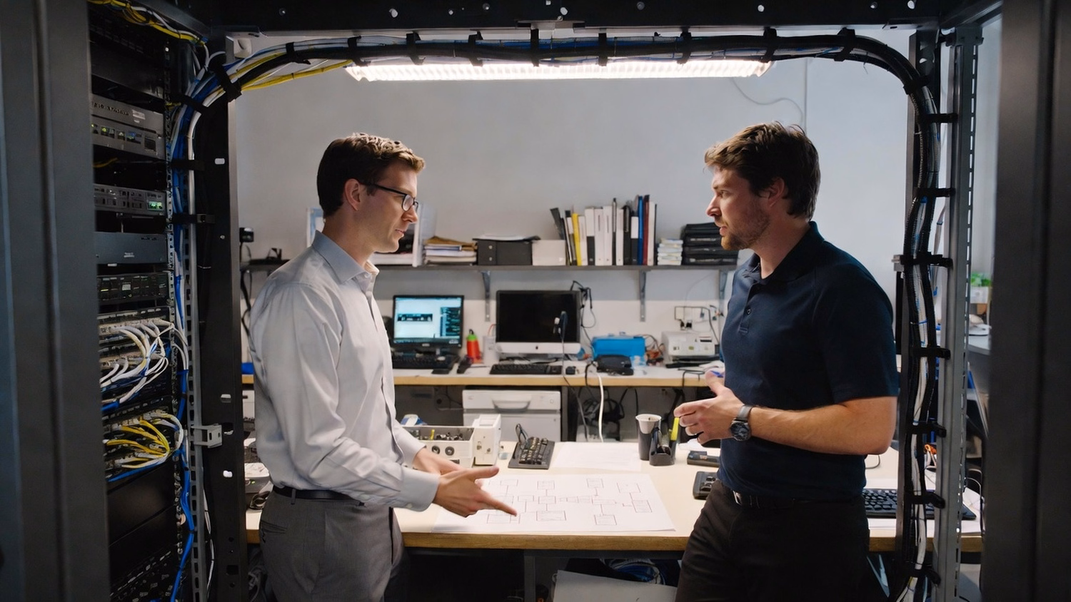 Two IT professionals stand near a kitchen counter, discussing alerts from