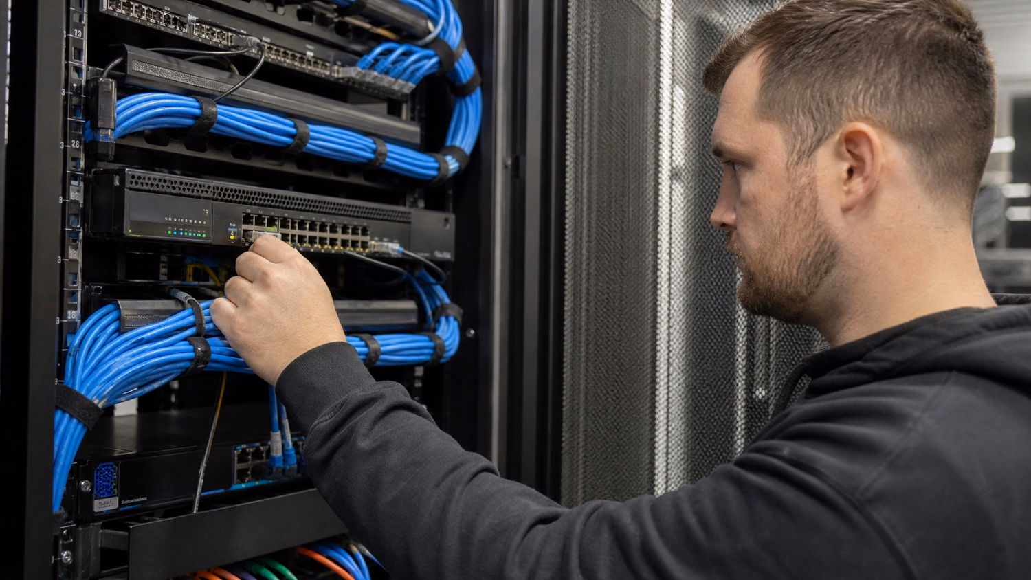 IT technician secures rack firewall cables using velcro ties