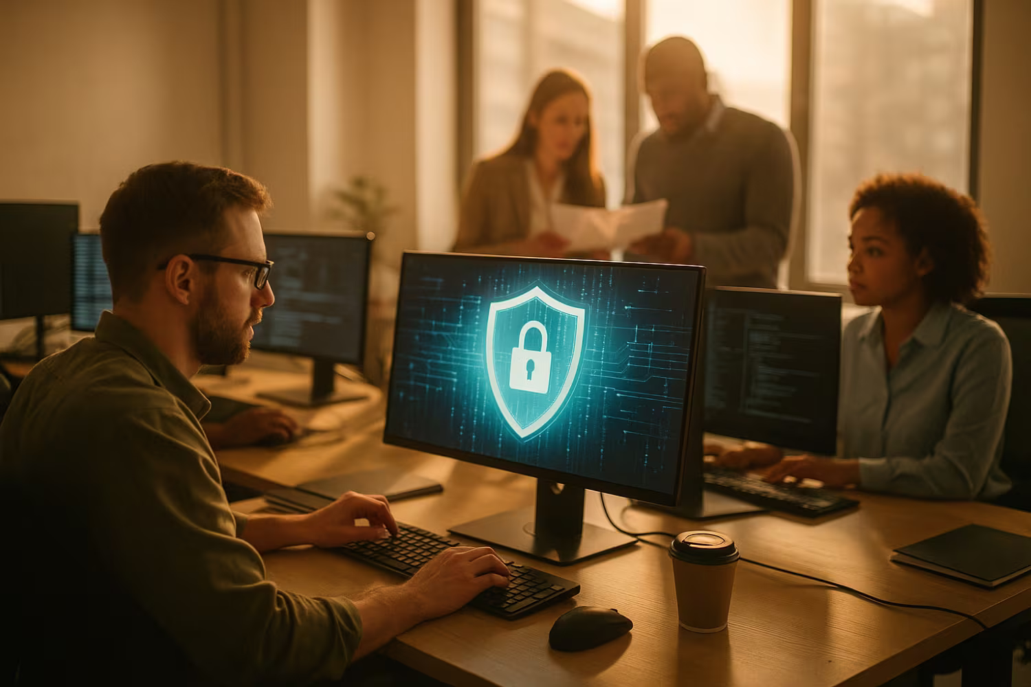 Team implementing cybersecurity and ransomware protection