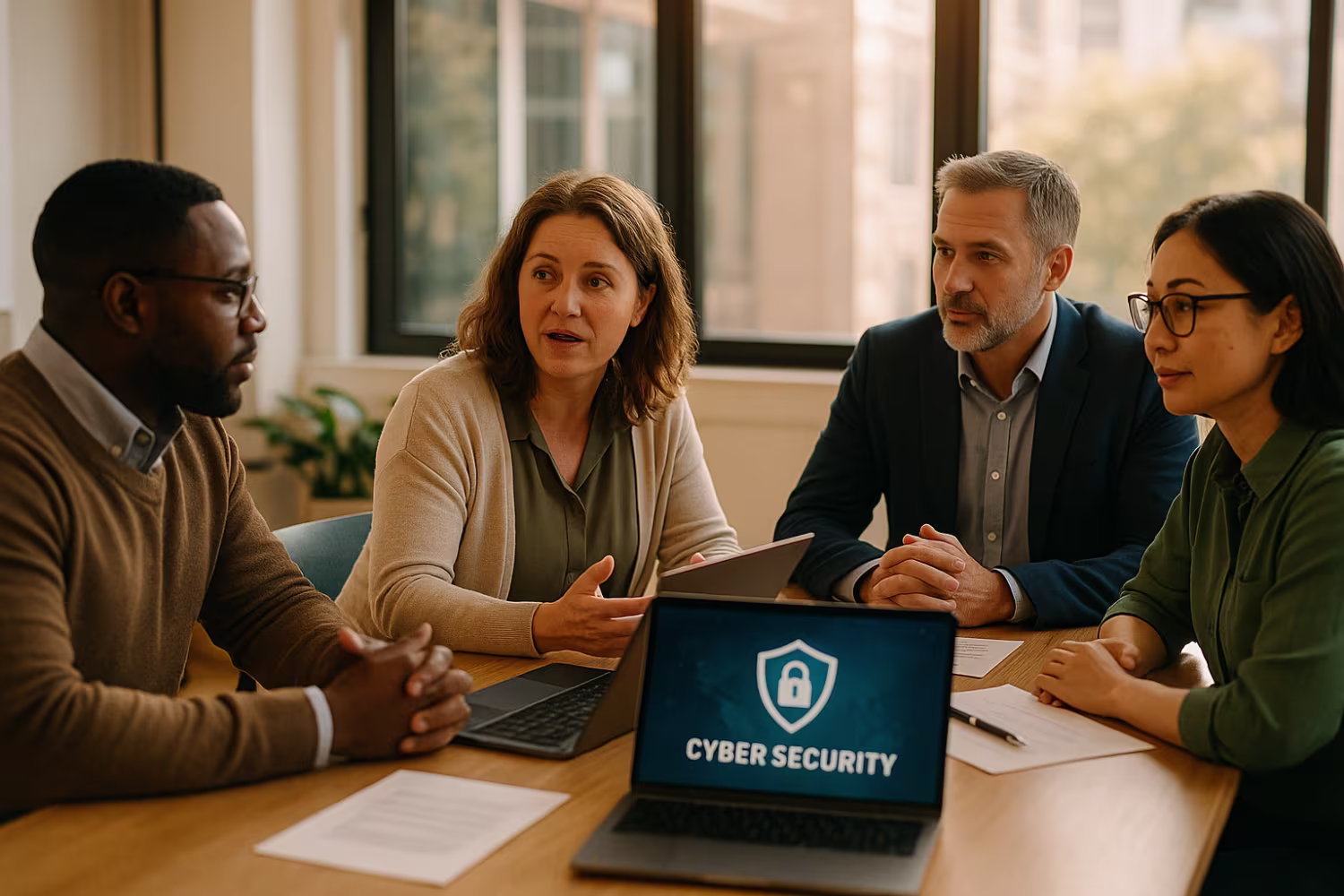 Diverse professionals discussing ransomware protection