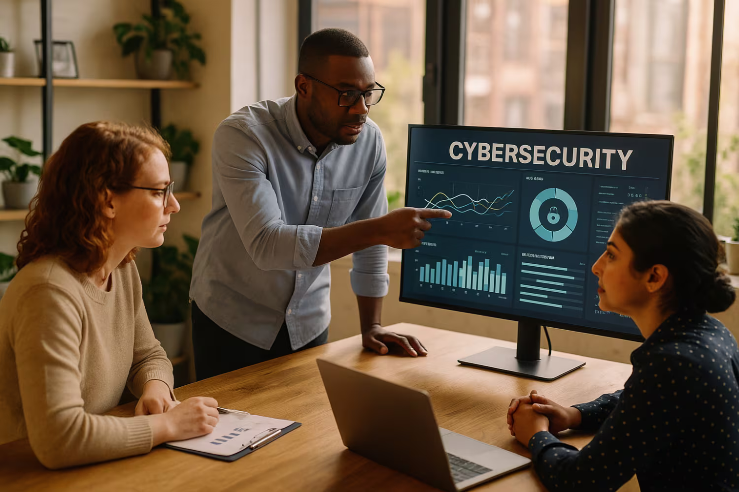 Diverse team analyzing cybersecurity protection